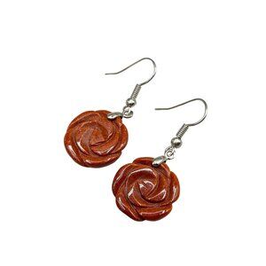 Carved Roses Goldstone Earrings Pierced Dangles Small Floral Flowers Earrings